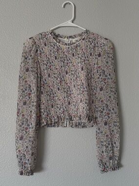 Aritzia Wilfred Cream Floral Smocked Long-Sleeve Blouse